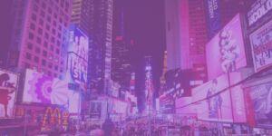 Photograph of Times Square, New York with a purple haze overlay