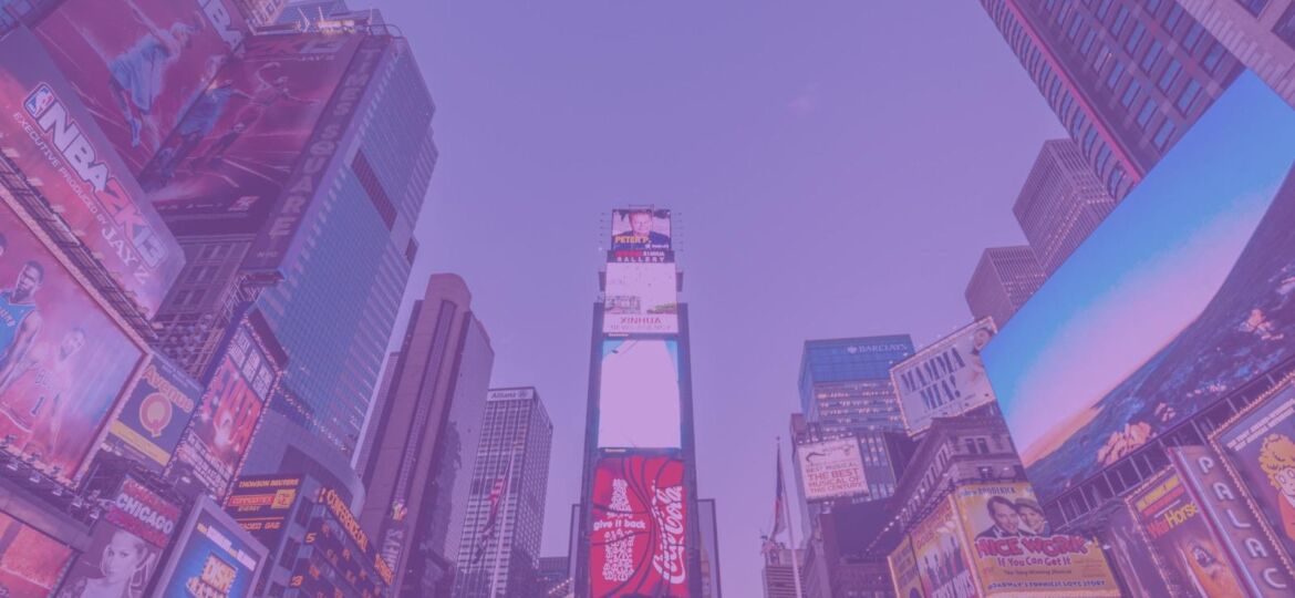 Photograph of Times Square New York with purple haze overlay