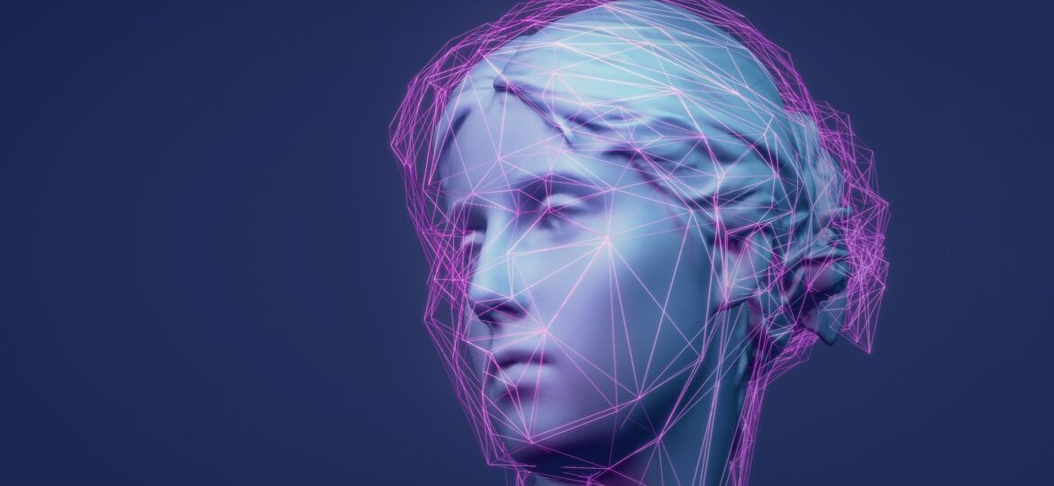 3D rendered classic sculpture Metaverse avatar with network of low-poly glowing purple lines